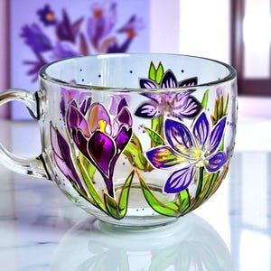 Handpainted Big Teacup with Crocuses - Floral gift for Mom Spring Flowers gift Personalized Glass Mug Grandma Gift