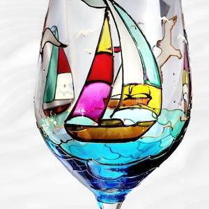 Nautical Wine Glass Hand Painted Sailing Boats Ocean Theme - Ideal Anniversary & Sea Lover Gift Unique Ocean Wine glass Sea theme Glassware