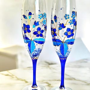 Hand painted champagne glasses with Blue flowers Toasting flutes Glassware  unique gift Set of 2 Wedding gift couple's gift for Mom