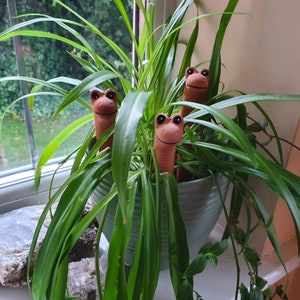 May include: A green potted plant with three brown frog-shaped garden stakes. The plant is in a light grey pot.
