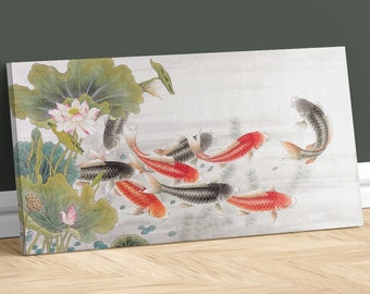 Sumi-e Canvas Print Koi Pond Art Bathroom Wall Art Lotus Artwork Asian Art