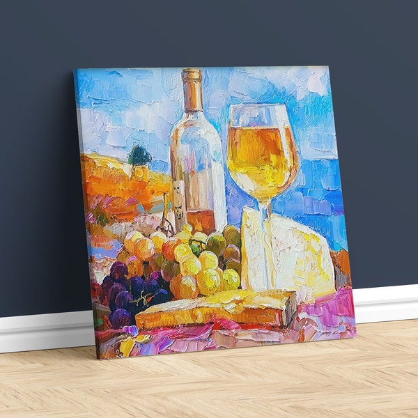 Kitchen Canvas Print Wine Cheese Grapes Art Home Decor Chardonnay Artwork