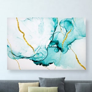 Turquoise Gold Watercolor Canvas Art Print Foil Art Abstract Minimal Art Ready to hang