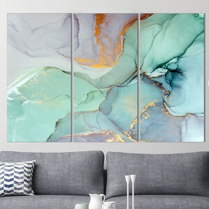 3 panels Marble Art Canvas Print Golden Green Teal Purple Abstract Art Wall Decor Pastel