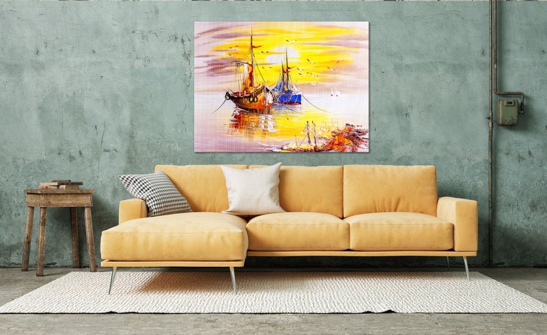 Fishboats Sunset Venice Italy Canvas Print Seagulls Artwork Nautical Art Print