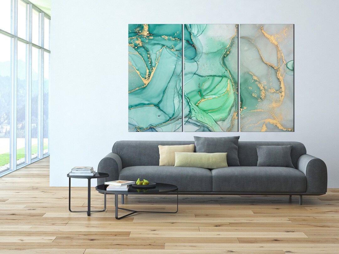 3 Panel Canvas Mint Green Marble Art Teal Beige Abstract Golden Canvas