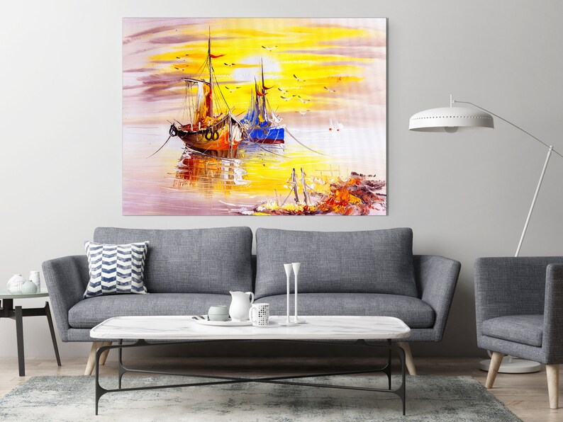 Fishboats Sunset Venice Italy Canvas Print Seagulls Artwork Nautical Art Print