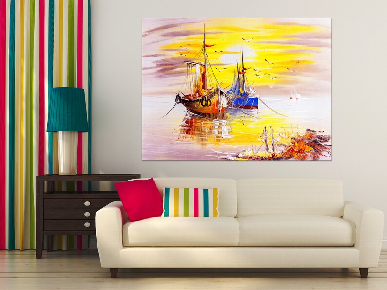 Fishboats Sunset Venice Italy Canvas Print Seagulls Artwork Nautical Art Print