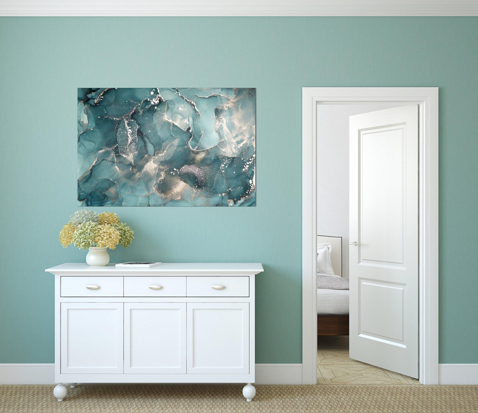 Blue Green Marble Canvas Print Abstract Glitter Art Etsy
