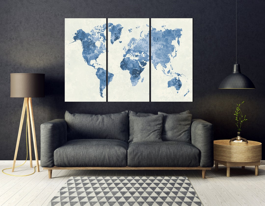 Watercolor World Map Canvas Print Family Map Blue Art Abstract Work Art ...