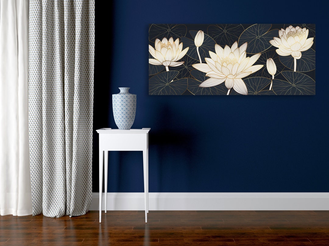 Navy White Gold Lotus Canvas Print Neutral Wall Art - Etsy