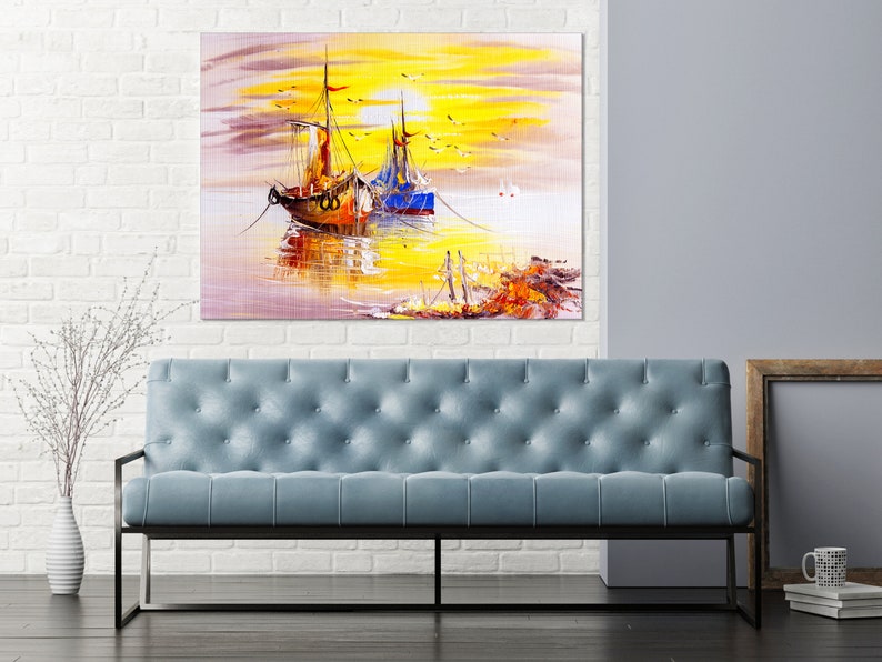 Fishboats Sunset Venice Italy Canvas Print Seagulls Artwork Nautical Art Print