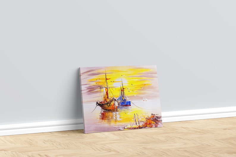 Fishboats Sunset Venice Italy Canvas Print Seagulls Artwork Nautical Art Print