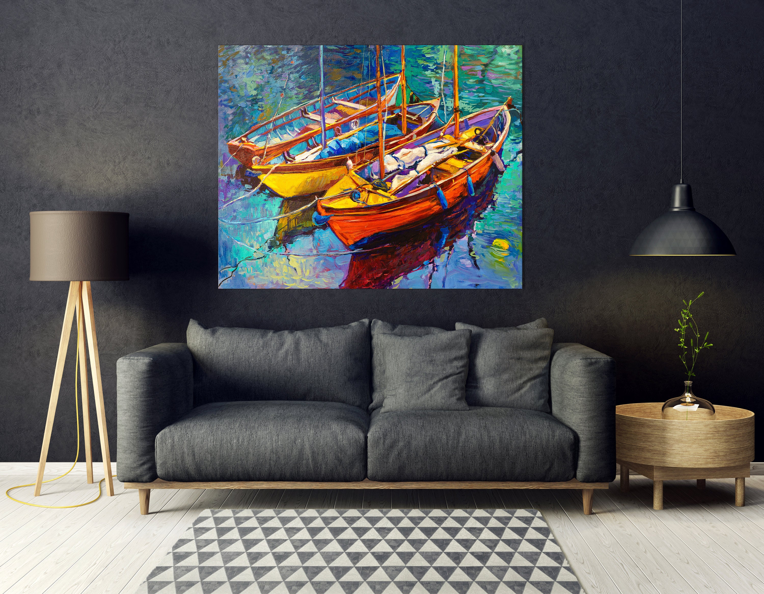 Bright Colorful Boats Canvas Print Impressionist Art Oversized Etsy