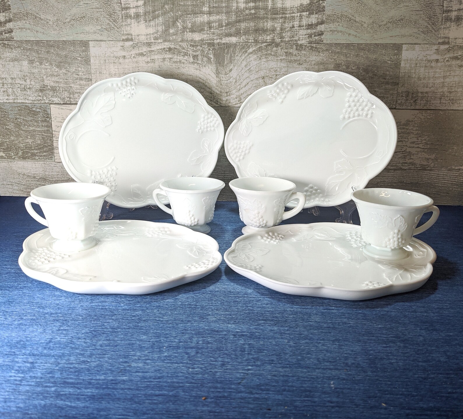 Set of 4 Vintage Milk Glass Snack Tray With Matching Cups Etsy