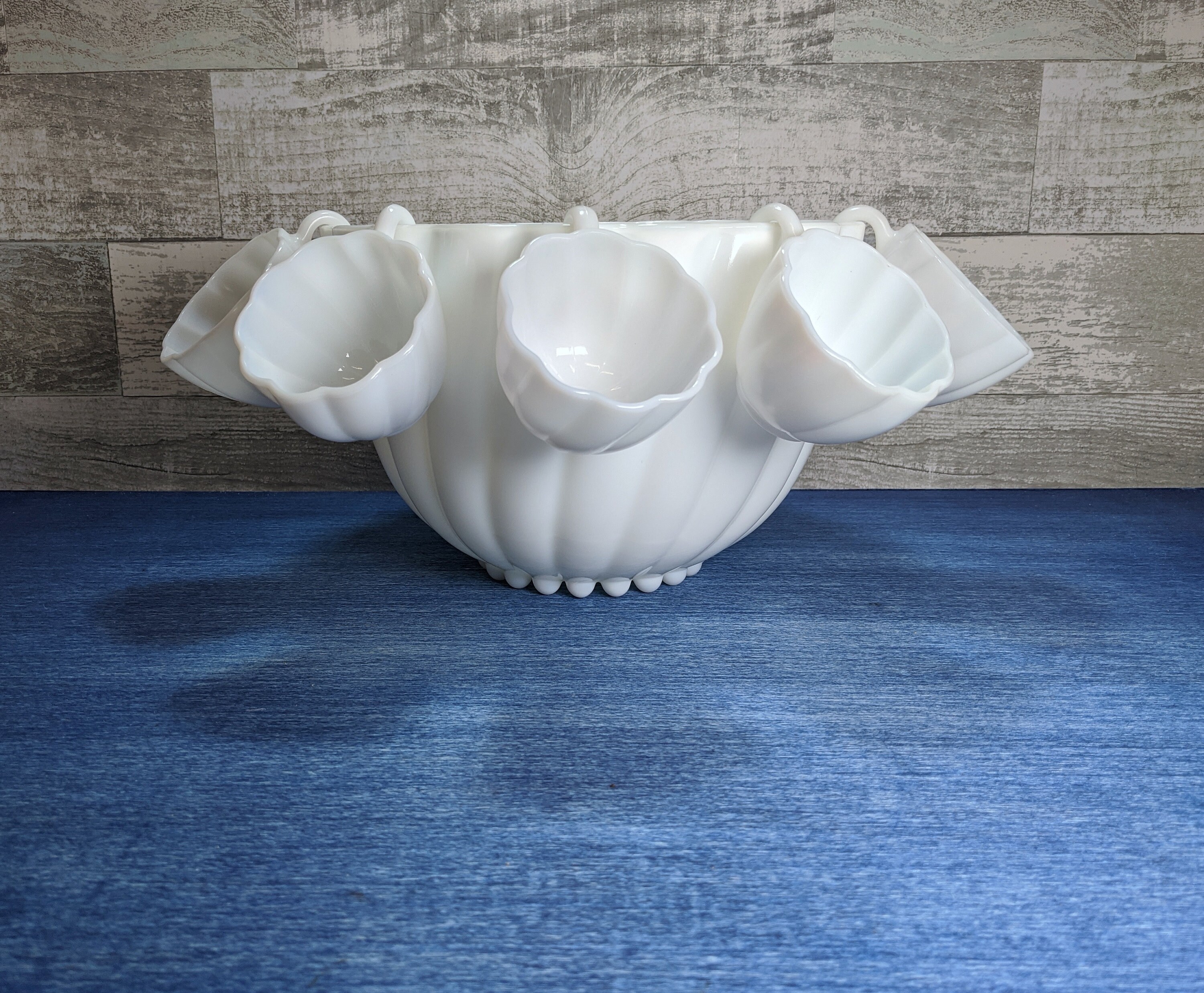 Milk Glass Vintage Punch Bowl Complete Set With 16 Cups Etsy