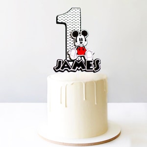 Modern Mickey Mouse cake topper, Mickey Mouse theme, Personalized Mickey Mouse Cake Topper, Black white and red Mickey Mouse cake  topper