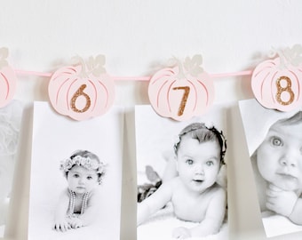 Op de afbeelding: Een roze en gouden pompoenkrans met de nummers 6, 7 en 8. De krans hangt aan een witte muur met zwart-witfoto's van een babymeisje.