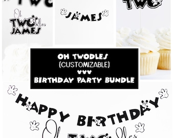 Black and white Oh twodles Bundle, Oh twodles banner, Happy Birthday Banner, Oh twodles cake topper