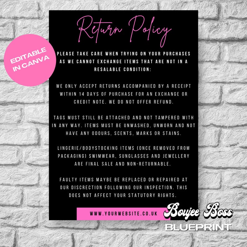 Returns & Exchanges Business Sign Return Policy Fashion Boutique, Clothes Shop, Premade Design