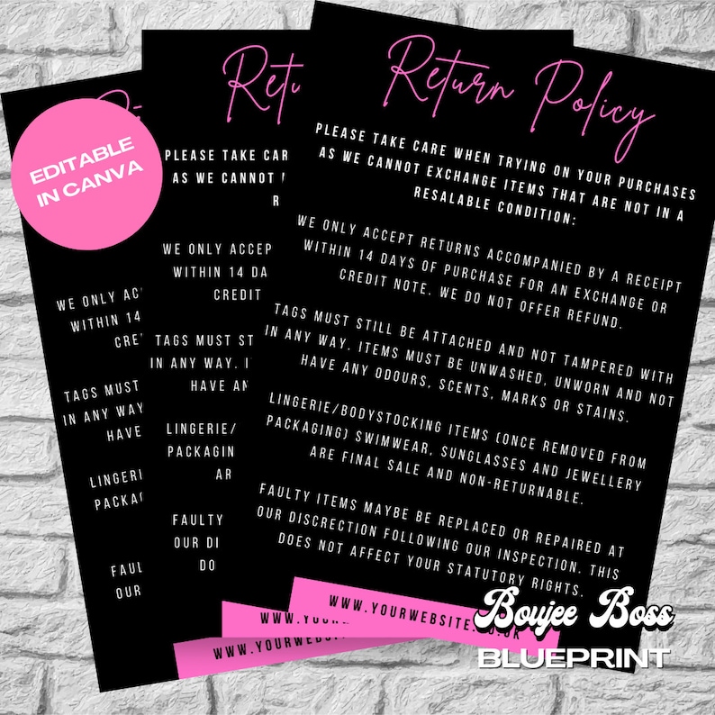 Returns & Exchanges Business Sign Return Policy Fashion Boutique, Clothes Shop, Premade Design