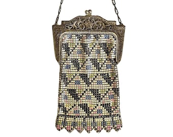 Antique 1920s Whiting & Davis Art Deco Enameled Mesh Flapper Handbag Purse