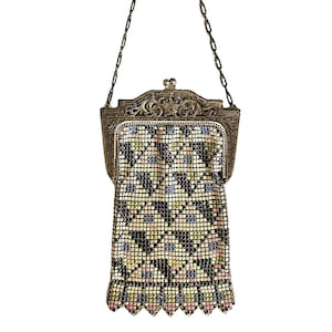 Antique 1920s Whiting & Davis Art Deco Enameled Mesh Flapper Handbag Purse