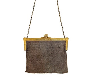 Antique Edwardian Gold Wash Steel Cut Frame Silver Mesh Evening Handbag Purse