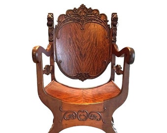 Antique Ornate Carved Wood Wooden Lion Head Savonarola Throne Chair