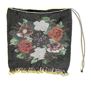Antico vittoriano floreale micro perline frangia reticolo coulisse borsa borsa