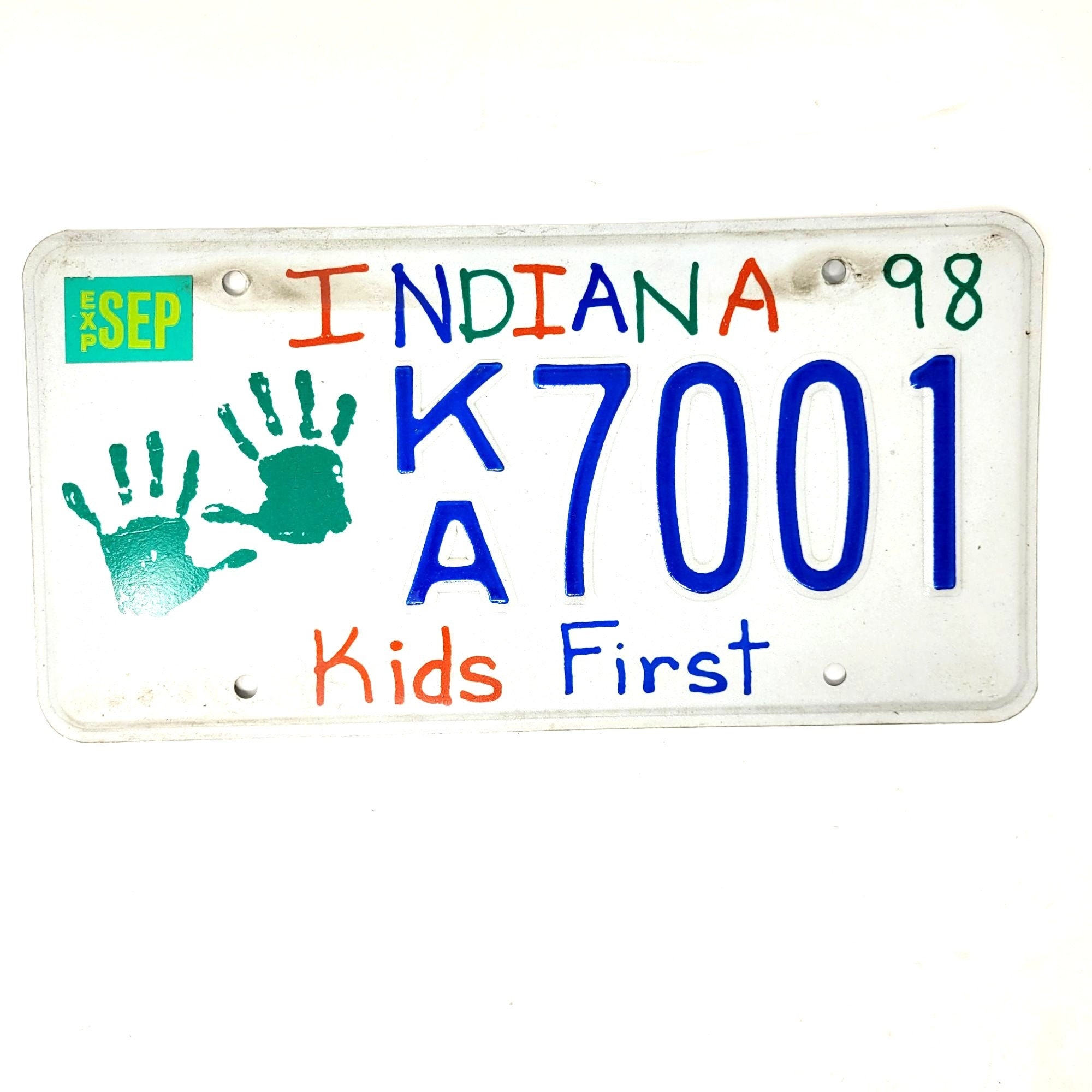 Vintage Indiana 1998 Licence Plate Expird Kids First Handprints MultiColor Decor