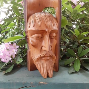 Wood Tree Spirit Figural Carving Rustic Original Hand Carved Bearded Man  16&quot;