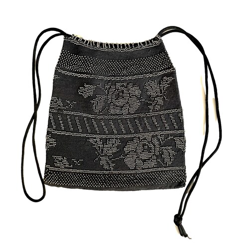 Antique Victorian Floral Micro shops Beaded Crochet Reticule Drawstring Handbag Purse