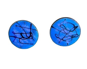 Vtg Handcrafted Mexican Coin Screw Clip-On Abstract Blue Enamel Stud Earrings