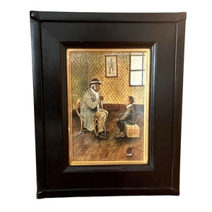 Art populaire antique Black Americana Grand-père et petit-fils Peinture à l’huile encadrée