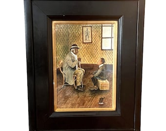 Antique Folk Art Black Americana Grandfather and Grandson Framed Oil Painting