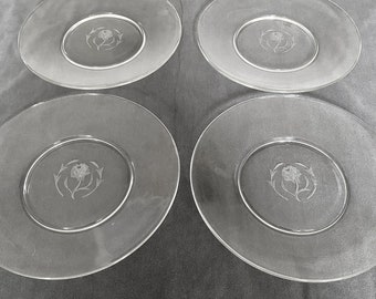 Set von 4 Vintage Geätzten Rose Art Klarglas Salat Dessert Luncheon Teller 20"