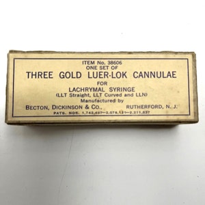 Vintage B-D Medical 3 Gold Luer-Lok Cannulae for Lachrymal Syringe No. 38606