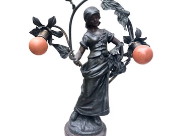 Louis Auguste Moreau Signed French Figural Spelter Lamp Antique Art Nouveau