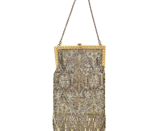 Antique Art Deco French Tapestry Gold Steel Cut Bead Beaded Fringe Handbag Purse