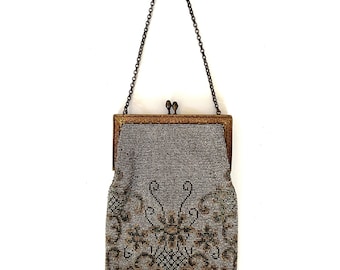 Antik Edwardian French Steel Cut Floral Perlen Perlen Handtasche Geldbeutel mit Spiegel