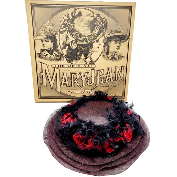 Original 2003 Mary Jean Party Hat Black Feathers Red Roses 