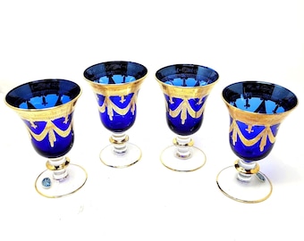 Interglass Italy Cobalt Blue Crystal Wine Goblets 24K Gold Medici Set of 4
