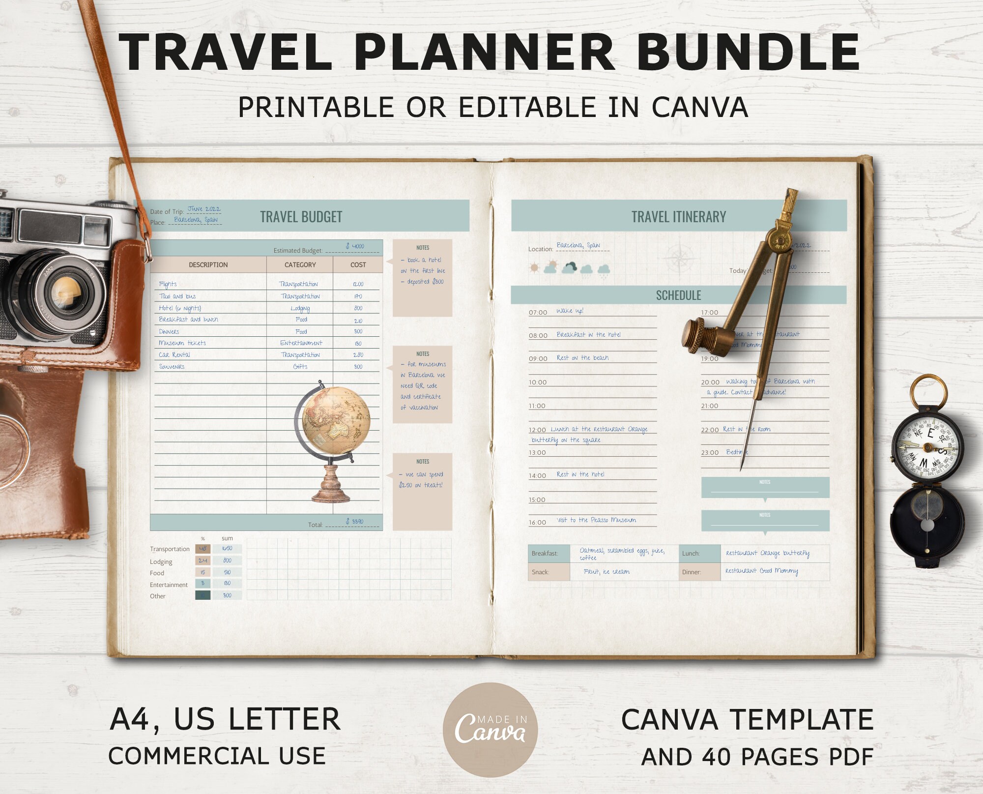 Commercial use CANVA Travel Planner Template Customizable Travel ...
