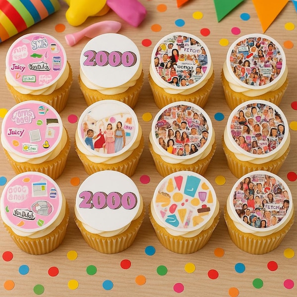 12 adornos comestibles para cupcakes y cócteles con temática de los años 2000
