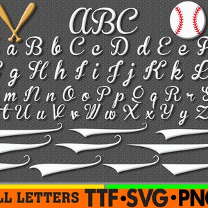 May include: A white baseball-themed alphabet with a baseball and crossed bats. The letters are in a cursive font and are outlined in white. The text "ALL LETTERS TTF SVG PNG" is at the bottom of the image.