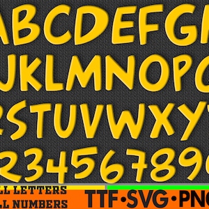 May include: Yellow uppercase letters A through Z and numbers 1 through 9 on a black textured background. The text "ALL LETTERS ALL NUMBERS TTF.SVG.PNG" is at the bottom of the image.