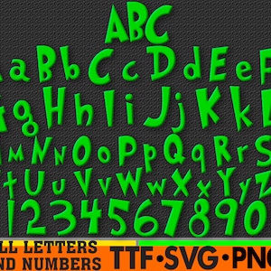 Puede incluir: Fuente de alfabeto y números verde con un estilo audaz y juguetón. Las letras y los números están delineados en negro y tienen un efecto 3D. El texto "ALL LETTERS AND NUMBERS TTF.SVG.PNG" está en la parte inferior de la imagen.
