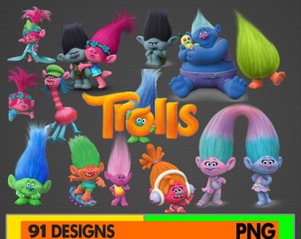 Può includere: Una collezione di personaggi Trolls colorati con diverse acconciature ed espressioni. I personaggi sono disposti in modo giocoso e fantasioso, con la parola "Trolls"  esposta in modo prominente al centro. L'immagine è perfetta per i fan del film Trolls e per l'uso in progetti di artigianato.