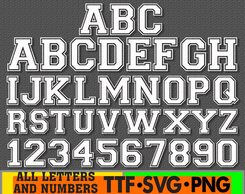 K&ouml;nnte beinhalten: Wei&szlig;e Gro&szlig;buchstaben von A bis Z und Zahlen von 1 bis 9 in einer fetten, blockartigen Schriftart. Die Buchstaben und Zahlen haben einen wei&szlig;en Umriss und sind vor einem grauen Hintergrund platziert. Der Text "ALL LETTERS AND NUMBERS TTF.SVG.PNG" befindet sich am unteren Rand des Bildes.